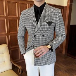 Men's Suits Houndstooth Blazer Hombre Korean Luxury Clothing Double Breasted Blazers Jackets For Men Business Casual Slim Fit Suit Coats 3XL