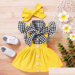 Clothing Sets Summer Kids Born Baby Girl Plaid Bow T Shirt Button Suspender Skirt Headband Outfits 2Pcs Clothes Toddler Outfitclothing Otzbw