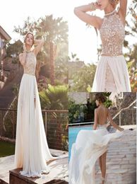 Vintage 2020 Julie Vino Summer Beach Aline Lace Wedding Dresses New Halter Backless Lace High Split Chiffon Bridal Gowns4719962