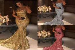 2020 Sparkly Sequin Mermaid Prom Dresses Strapless Backless Gold Silver Formal Evening Party Gowns Long Arabic7959937