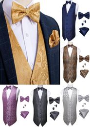 Men039s Vests Classic Gold Suit Vest Men Paisley Waistcoat Silk Bow Tie Handkerchief Cufflinks Set For Party Wedding8424862