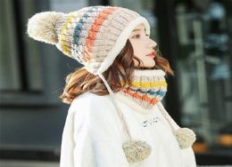 Women Pompom Hat And Scarf Set Girls Plus Velvet Warm Beanie Cap Female Allmatch Winter Casual Thick Knitted Hats 2 Pieces Set3742736