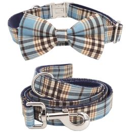 Blue plaid Dog collar bow tie matching lead for 5size to choose wedding dog gifts your pet Y200515256g