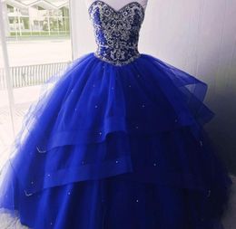 Top Royal Blue Bling Crystal Quinceanera Prom Dresses Ball Gown Sweetheart Layers Tulle Rhinestones Corset Sweet 16 Party Dre2121569