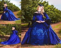 Vintage Gothic Victorian Ball Gown Prom Dresses New 2021 Long Poet Sleeve Lace Applique Beading Blue Masquerade Evening Party Gown7238054