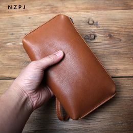 NZPJ Mens Leather Long Wallet First Layer Cowhide Zipper Clutch Bag Retro Bank Card Case Soft Phone Coin 240305