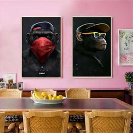 Large Animal Picture Canvas Printed Painting Modern Funny Thinking Monkey with Headphone Wall Art Poster for Living Room Decor275F