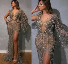 2020 Bling Mermaid Evening Dresses Jewel Neck Beaded Sequins Feather Side Split Prom Dress Long Sleeves Sweep Train Formal Party G3053826