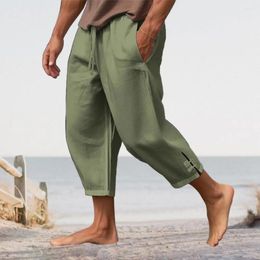 Men's Pants Drawstring Linen Cropped With Elastic Waist Deep Crotch Solid Colour Loose Pockets Soft For Vacation