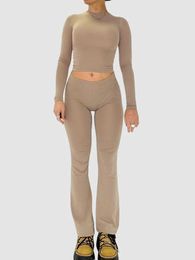 Women s Fall Two Piece Outfit Tight Long Sleeve Crop Top With Low Rise Flare Pants Lounge Sets Yoga Tracksuit240311