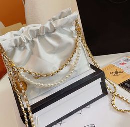 Pearl Chain Handbag Beach Tote Calfskin Gold Silver Metal Shoulder Bag Purses for Women High Capacity Shopping Wallet Ladies 88