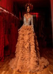 Luxurious Gold Tiered Tulle Evening Dresses Beaded Crystals Sheer Neck Prom Dress Long Sleeves Formal Gowns Vestidos de gala2284239