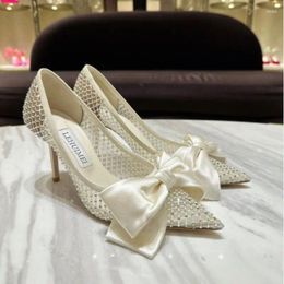 Dress Shoes 2024 Heeled Pumps Spring Sexy Bow For Women High Heels Female Crystal Mesh Elegent Party Designer