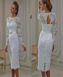 Vintage Informal Casual Wedding Dresses Tea Length Lace Long Sleeves Short vestido de noiva Sheath High Jewel Neck Bridal Gowns6227564