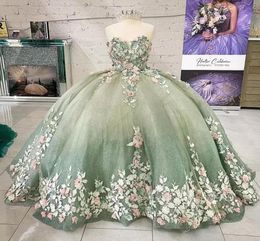 2023 Light Green Handmade Flowers Quinceanera Dresses Ball Gown Sweetheart Sleeveless Appliques Corset For Sweet 15 Girls Party BC7324096