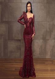 Burgundy Arabic Aso Ebi Lace Mermaid Evening Dresses Long Sleeves Beaded Appliques Sweep Train Formal Prom Party Gowns Second Rece1172857