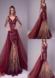 Elegant Long Sleeve Mermaid Evening Dresses with Detachable Train 3D Floral Appliques vestidos de gala Custom Made Prom Gowns2739003