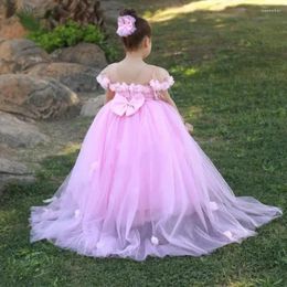 Girl Dresses Pink Puffy Flower Dress Bow Kids Wedding Party Illusion Neck Baby Birthday Costumes First Communion