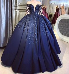 Navy Blue Formal Evening Dress Long Sleeves Sparkly Sequins Ball Gown Puffy Satin Long Prom Dresses Celebrity Pageant Gowns5006373