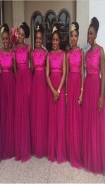 Bateau Neck Sparkle Sequined Fushia Bridesmaid Dresses Sleeveless Floor Length Ruched Tulle Glamorous Dresses Party Evening Formal3186577