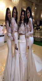 White Two Pieces Cheap 2020 Mermaid Bridesmaid Dresses Lace Top Illusion Long Sleeves Satin Wedding Guest Party Gowns Maid of Hono8675393