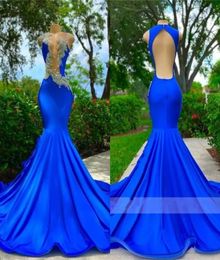 Royal Blue O Neck Long Prom Dresses For Black Girls 2023 Appliques Birthday Party Dress Mermaid Evening Gowns Robe De Ball Gall GW9558476