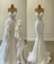 2021 White Mermaid Wedding Dresses with Detachable Train Ruffles Lace Appliqued Bridal Gowns Plus Size Vestidos de novia5702548