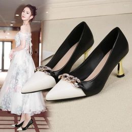 Dress Shoes Large Size 42 High Heels Women Pointed Toe Soft Leather Black Beige Lady Fashion Flats Round Buckle Flat Sole