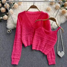 Women's Knits Hollow Knit Sweater Suit Femme Spring Autumn Fashion Gentle Knitted Top Cardigan Coat With Suspender Two-Piece Set