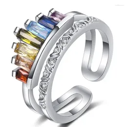 Cluster Rings Korean Style Shinning Rainbow Zircon Ring For Women Fashion Authentic 925 Sterling Silver Adjustable Open Free Size