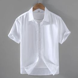 Cotton Linen Mens Short-Sleeved Shirts Summer Streetwear Plain Colour Stand Collar Casual Beach Style Plus Size M-3XL 240307