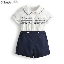 T-shirts Baby Boy Clothing Sets Infants Newborn Hand Made Smocked Clothes Kids Shorts Sleeve Tops Shorts Summer Children British Outfits L240311