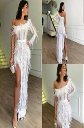 2019 White Sexy Evening Dresses High Side Split Lace Feather One Shoulder Mermaid Prom Dress Floor Length Long Cocktail Party Gown1038118