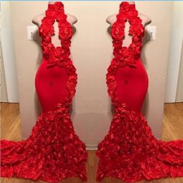 Red Rose Mermaid Prom Dresses New Sexy High Neck Appliques Formal Evening Dresses Sweep Train Cocktail Party Gowns S272A