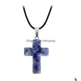 Pendant Necklaces Natural Crystal Stone Cross Rope Chain For Men Women Relin Charm Fashion Jewelry Drop Delivery Pendants Dh7Nb