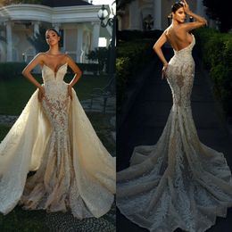 Graceful Applique Wedding Dress Strapless Pearls Mermaid Bridal Gowns Sleeveless Lace Illusion Bride Dresses Sweep Train Custom Made