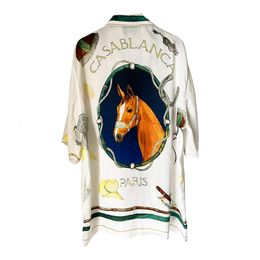 24ss Casablanca Men's Casual Shirts Casablanca Horse Head Art Print Silk Texture Cuban Neck Drop Short Sleeve Flower Shirt Summer Thin Style casablanc