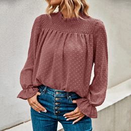 Women's Blouses Polka Dot Chiffon Shirt Autumn Winter Round Neck Ruffle Solid Colour Long Sleeved Workouts Shirts For Women