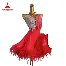 Stage Wear Latin Dance Performance Dress For Women AB Stones Feather Rumba Chacha Tango Competiton Skirt Adult Child Dancing Skirts