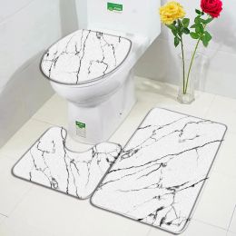 Mats Abstract Marble Bath Mats Sets Creative Black Line Geometric Rug Modern Flannel Bathroom Decor AntiSlip Carpet Toilet Cover Mat