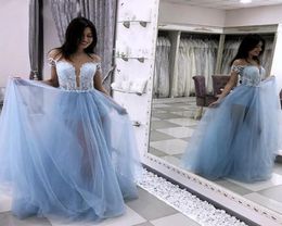 New Customise Beautiful ALine Illusion Neckline Light Blue Tulle Party Prom Dress with Lace Bodice Long Prom Evening Dresses8659094