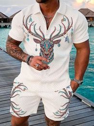 Summer Trend Mens Sweatsuit set Painted Animal 3D Print Casual Zipper Polo Shirt And Shorts 2pcs Set Man Clothing Tracksuit 240228