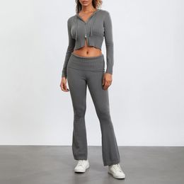 Women's Knit Tracksuit Two Piece Outfits Set Long Sleeve Zip Up Cropped Hoodie and Bootcut Flare Pants Set Sportwear240311