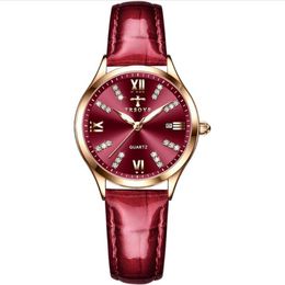 TRSOYE Brand Wine Red Dial Temperament Womens Watch Breathable Leather Strap Ladies Watches Luminous Function Trendy Wristwatches229l