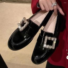 Dress Shoes Brand Design Loafers Patent Leather Square Button Women Round Toe Zapatos Mujer Med Heels Chunky Chaussures Femme