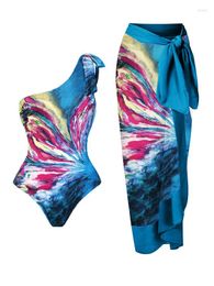 Women's Swimwear Blue Ladies Lake Water Butterfly Beautifully Printed One-shoulder Asymmetrical One-piece Bikini Swimsuit And Cover 2024 Est