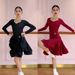 Stage Wear 2024 Latin Dance Dress For Girls Long Sleeved Fishbone Skirt Suit Chacha Rumba Tango Kids Clothing DQS15624