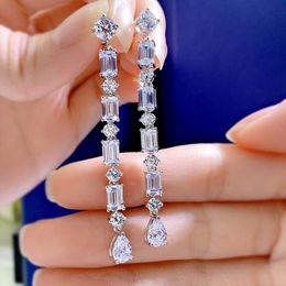 Dangle & Chandelier Long Diamond Earring 100% Real 925 Sterling Silver Wedding Drop Earrings For Women Bridal Promise Engagement J2786