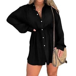 Women Jumpsuits Short Satin Dress Set Covered Nights Romper Dress Casual Elegant Button Long Sleeve Shirt Suit