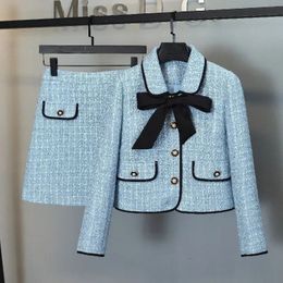 Bow Blue Tweed Jacket Short Cardigan Autumn Winter Womens Two Peice Sets Mini Skirts Plaid Shirts Korean Suits 240305